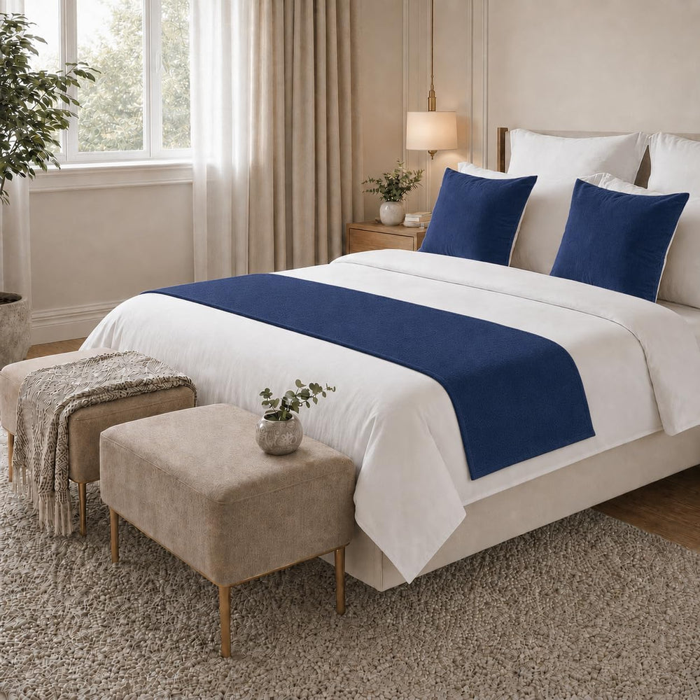 Solid Bed Runner Set,2 Pillow Covers,Navy,94.5x19.7in