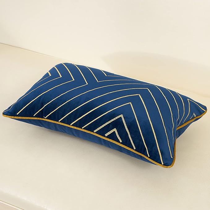 Avigers 12 x 20 Inch Navy Blue Gold Striped Geometric Lines Embroidery Velvet - Image 3
