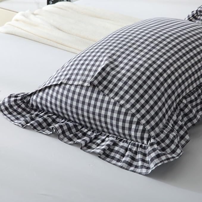 Black/White Plaid Ruffle Pillow Shams Standard Size Set of 2, Checkered Washed - Image 4