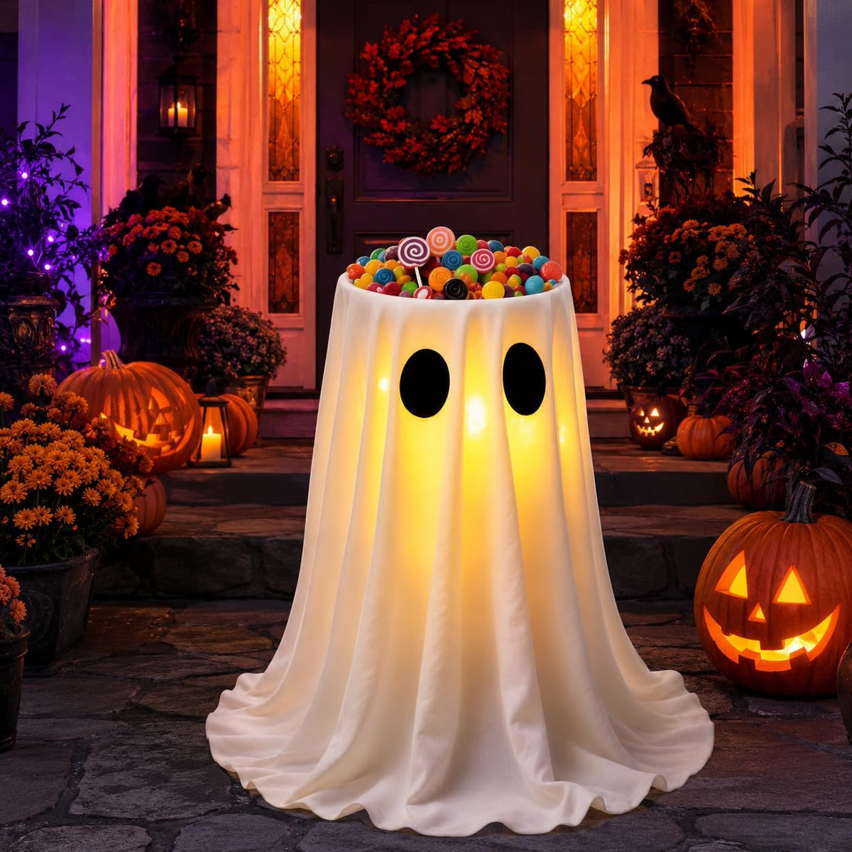 Halloween Cute Ghost Candy Holder with LED Lights for Front Door Outdoor
