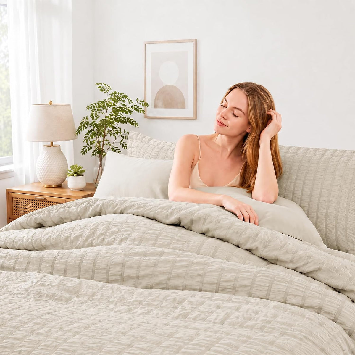 himeet queen comforter set, 7-piece seersucker bed in showing dimensions