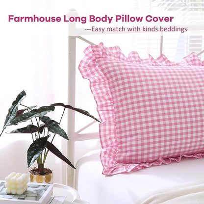 Pink White Plaid Ruffle Gingham Body Pillow Cover, 100% Washed Cotton Rustic - Image 3
