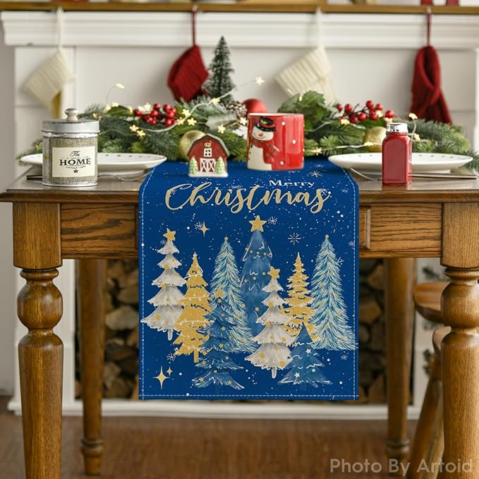 Artoid Mode Xmas Trees Merry Christmas Table Runner, Seasonal Winter Blue - Image 7