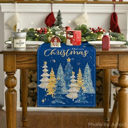 Artoid Mode Xmas Trees Merry Christmas Table Runner, Seasonal Winter Blue - Image 7