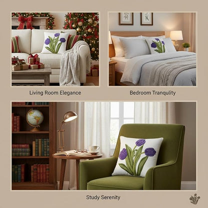 18x18 Embroidered Throw Pillow Covers Set – Purple Tulip Cotton Decorative - Image 10