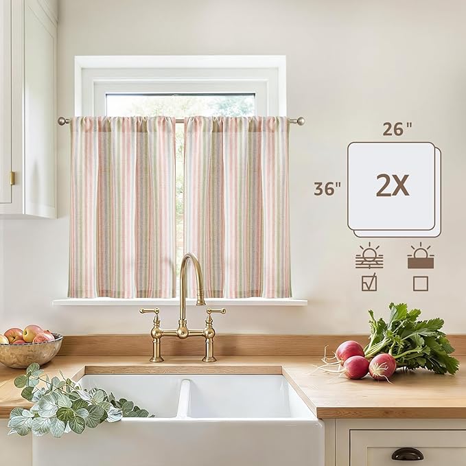 jinchan Striped Linen Kitchen Curtains 36 Inches Christmas Tier Curtains - Image 5