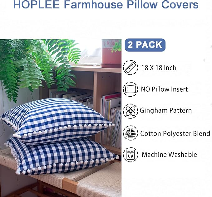 HOPLEE Farmhouse Gingham Pillow Covers Navy Blue Pillow Covers 18x18 Farmhouse - Image 3