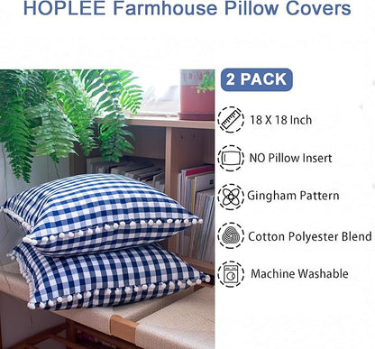 HOPLEE Farmhouse Gingham Pillow Covers Navy Blue Pillow Covers 18x18 Farmhouse - Image 3