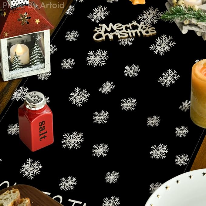 Artoid Mode Black Pine Tree Snowflake Merry Christmas Table Runner, Seasonal - Image 3