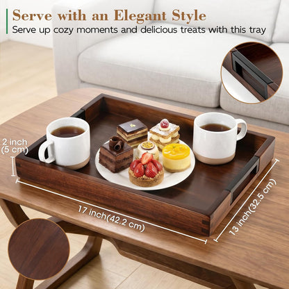 joy&grace acacia wood serving tray with handles 17" shown in use