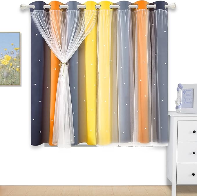 Kinryb Nursery/Kids/Girls Room Star Cut Out Blackout Rainbow Curtain - Image 2