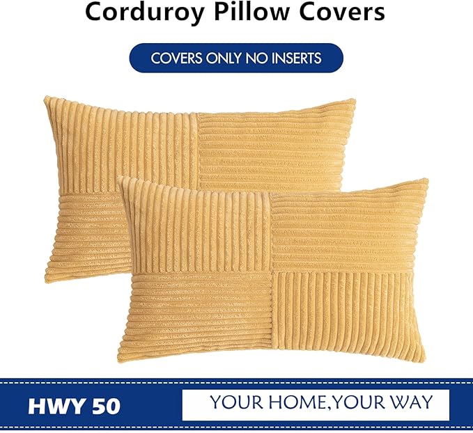 HWY 50 Mustard Yellow Corduroy Patchwork Throw Pillow Covers 12x20 Inch - Image 7