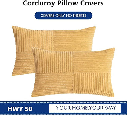HWY 50 Mustard Yellow Corduroy Patchwork Throw Pillow Covers 12x20 Inch - Image 7