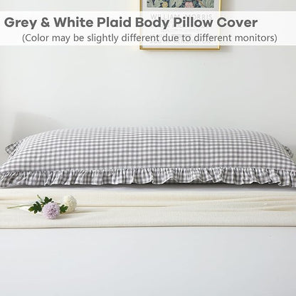 Grey White Plaid Ruffle Gingham Bedding Body Pillow Cover, 100% Washed Cotton - Image 2