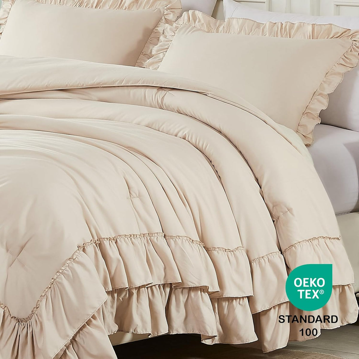 cupocupa beige queen comforter set, 3pcs comforters ruffle, side view