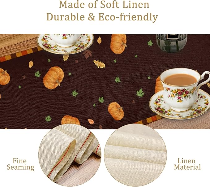 Happy Fall Pumpkin Table Runner, Linen Farmhouse Fall Table Runners, - Image 4