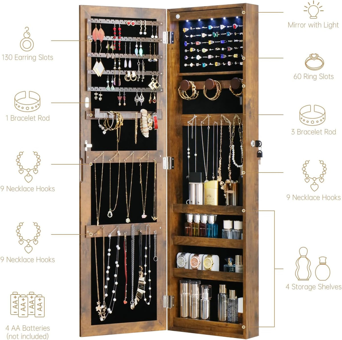full length mirror jewelry cabinet organizer lockable door, close-up detail