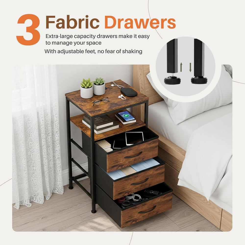 Sweetcrispy Nightstand with Charging Station 5 Fabric Drawers Bedside Table