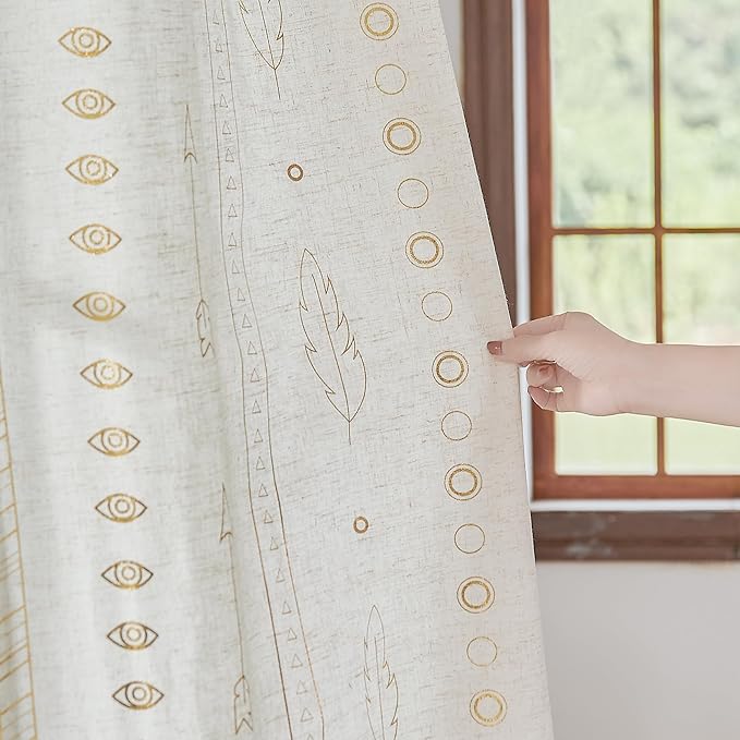 Gold Foil Linen Curtains for Bedroom, 96 Inches Long Moroccan Curtains for - Image 9
