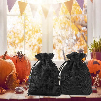 50Pcs Black Burlap Bags with Drawstring, 5.9x7.5 inch Jute Favor Sacks Linen Treat Bags for Halloween, Wedding, Party, Memorial Day, DIY Craft