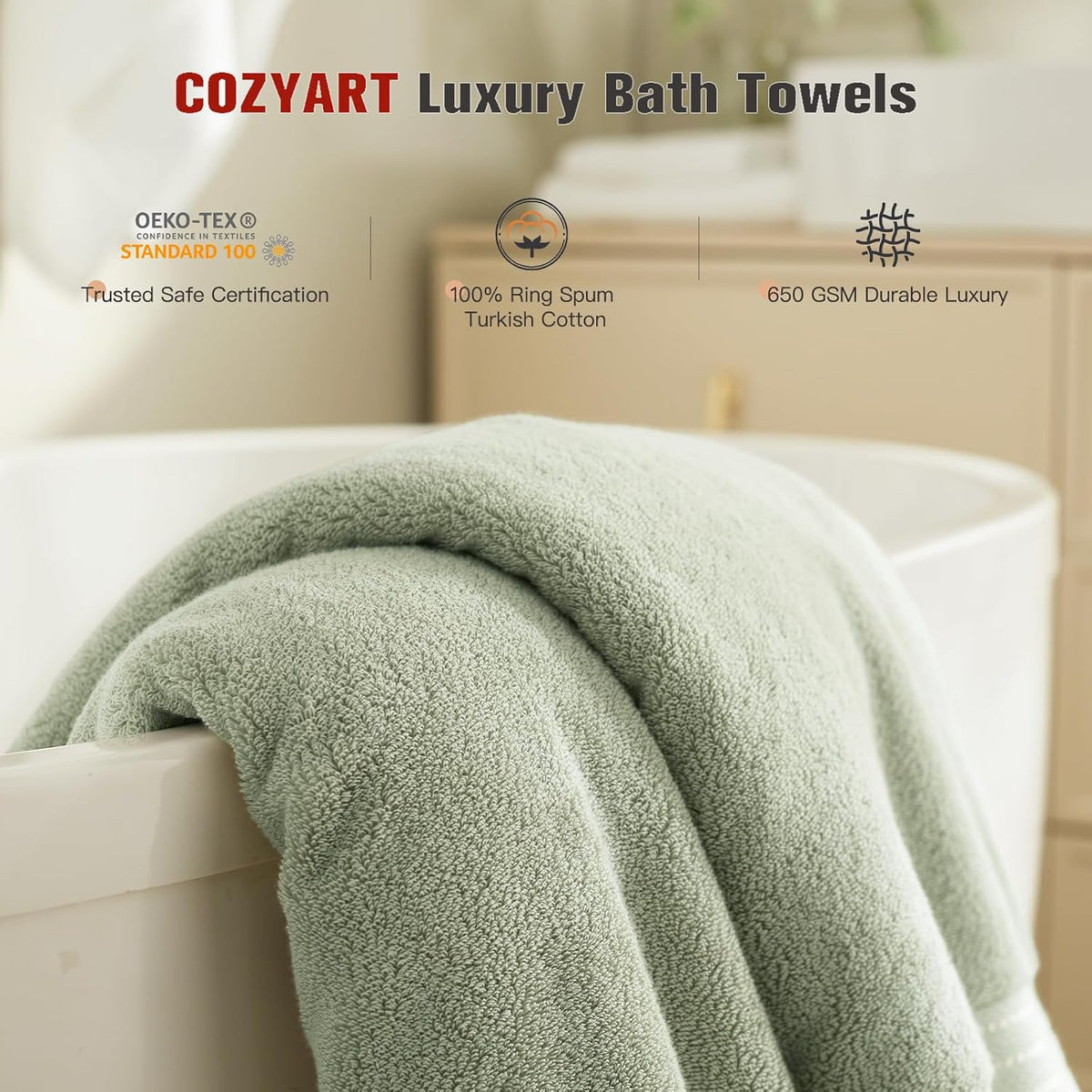 cozyart luxury bath towel set 6 pcs, sage, close-up detail