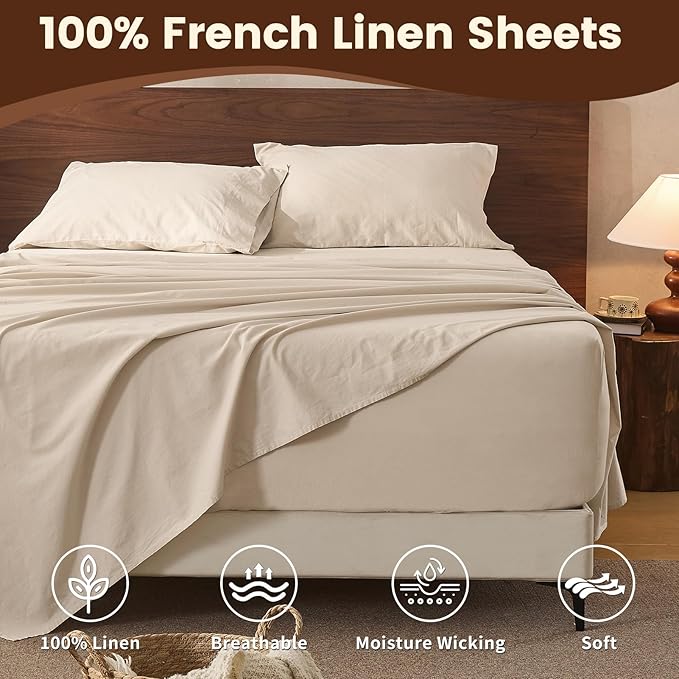 100% Linen Sheet Set Cal King Size Extra Deep Pocket Fits 18-24 Inch Mattress - Image 4