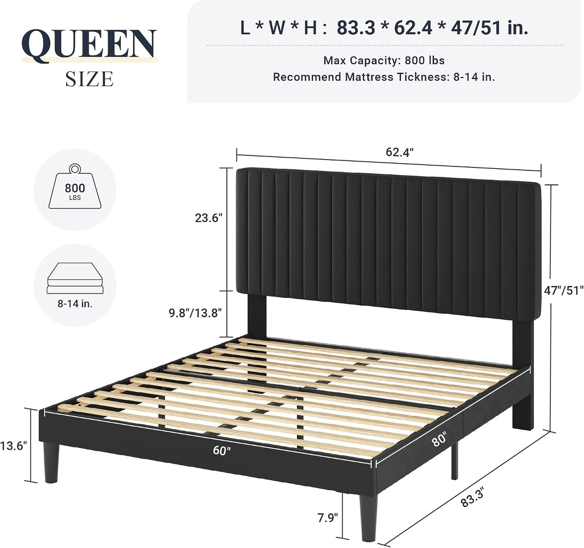 allewie queen bed frame, velvet upholstered platform bed shown in use