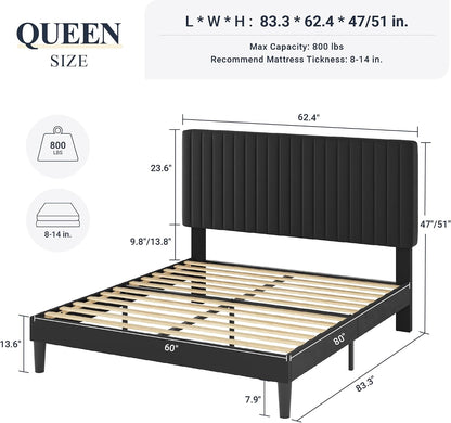 allewie queen bed frame, velvet upholstered platform bed shown in use