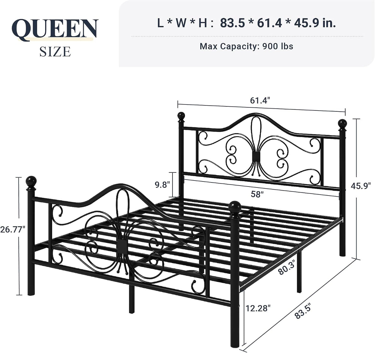 allewie metal queen platform bed frame, butterfly pattern shown in use