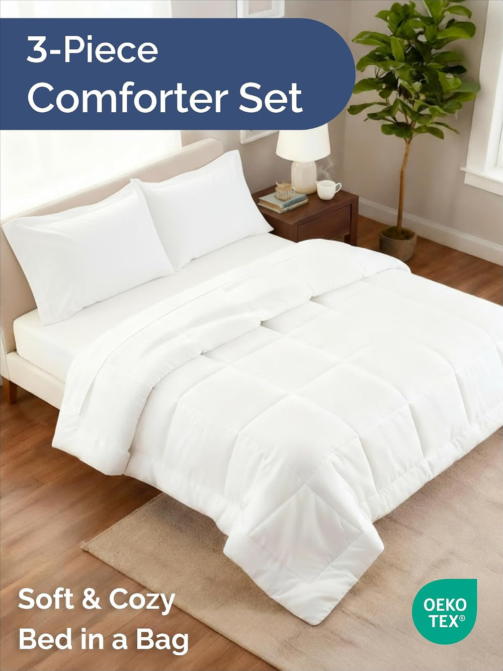 Full Comforter Set - White Bedding for All Seasons - Soft 3 Piece Bed Set