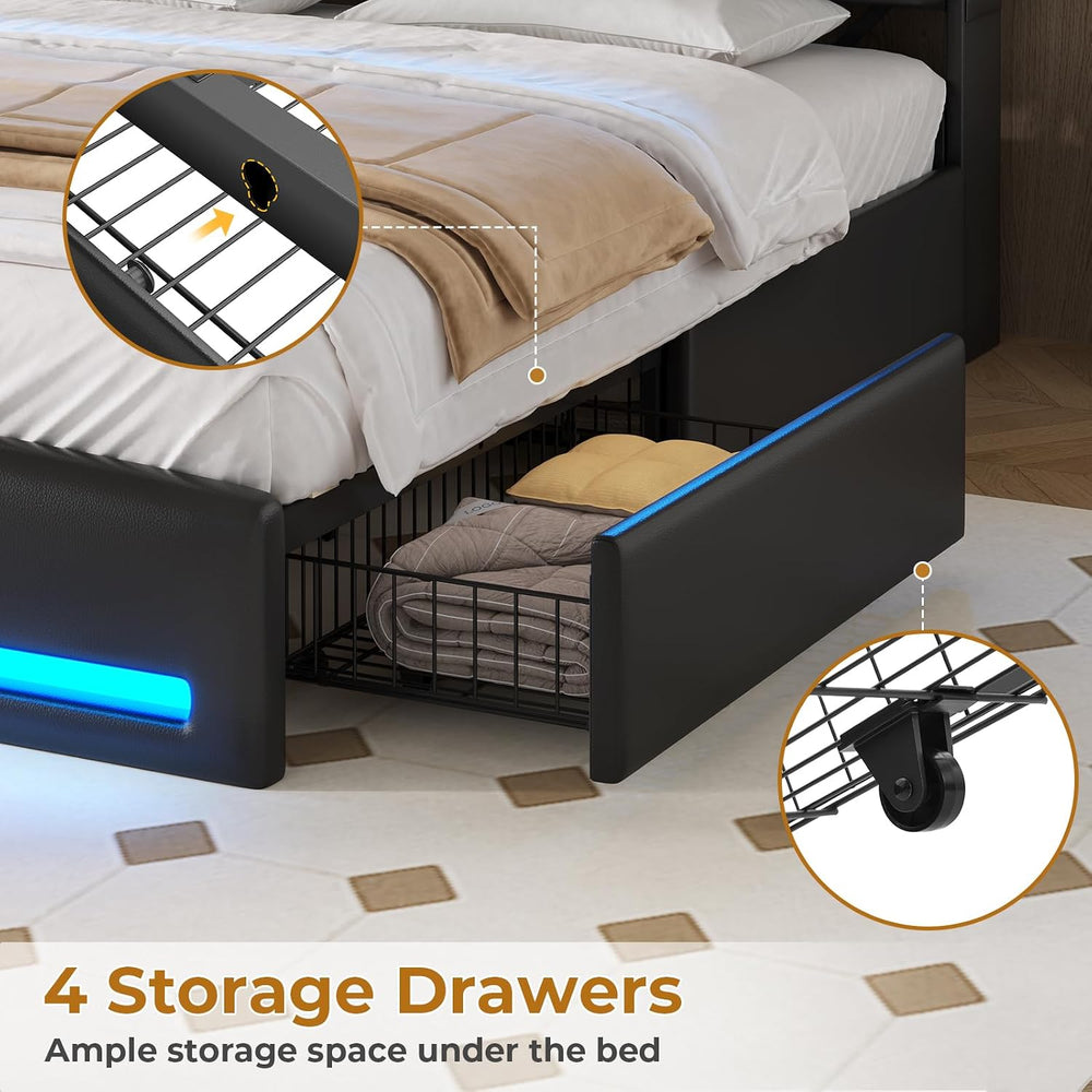 MSmask Queen Bed Frame with 2-Tier Storage Headboard, LED Bed Frame Queen Siz...