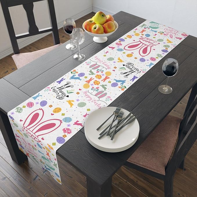 Happy Easter Table Runner, Easter Rabbits Linen Farmhouse Table Runners - Image 7