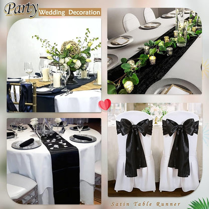 24 Pack Black Table Runners 12 x 108 Inches Long Smooth Satin Silk Black Halloween Table Runner for Party Wedding Birthday Banquet Decoration