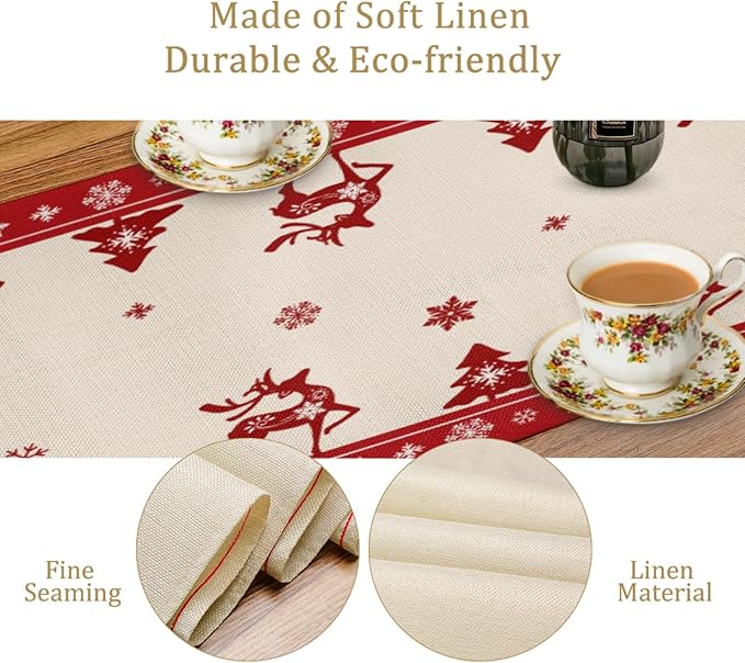 Merry Christmas Elk Deer Table Runner, Snowman Linen Table Runners, Snowflake - Image 5