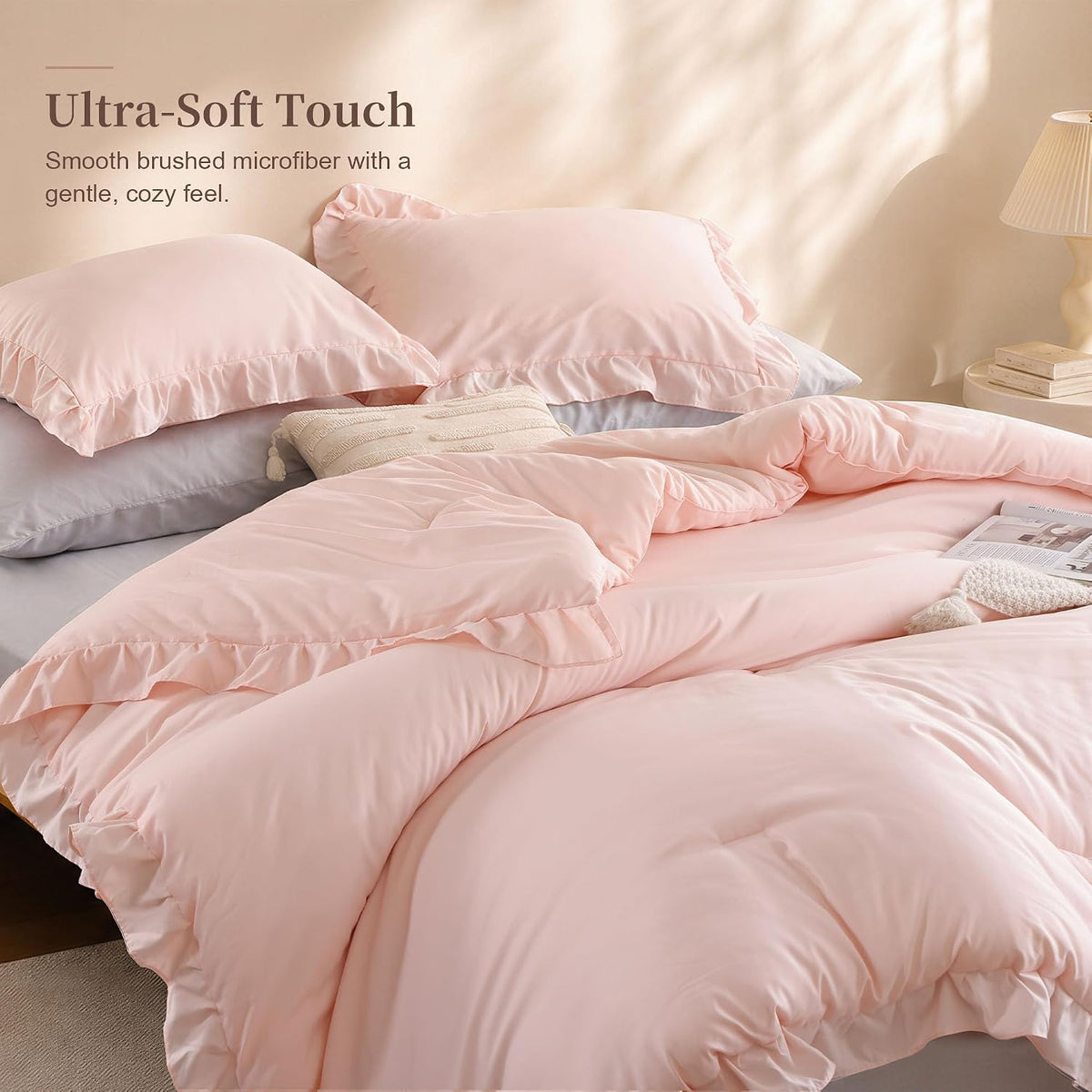 janzaa blush pink comforter set queen, ruffle soft, close-up detail