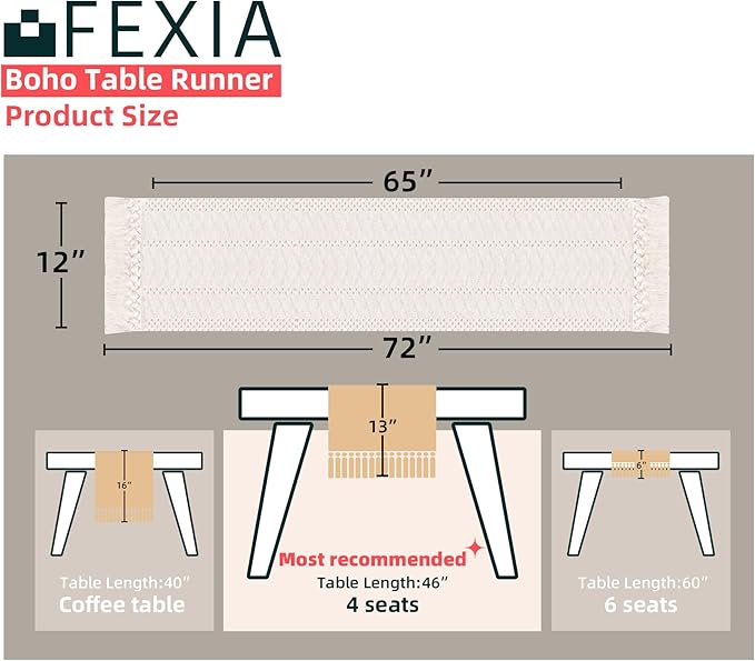 Fexia Table Runner with Tassels Boho Macrame 72 Inches Long Cream Rustic Table - Image 2