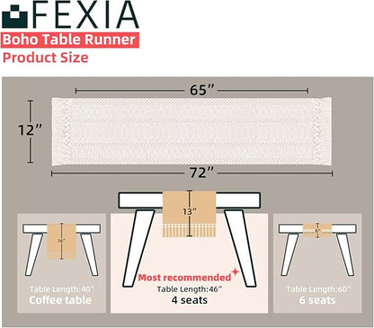 Fexia Table Runner with Tassels Boho Macrame 72 Inches Long Cream Rustic Table - Image 2