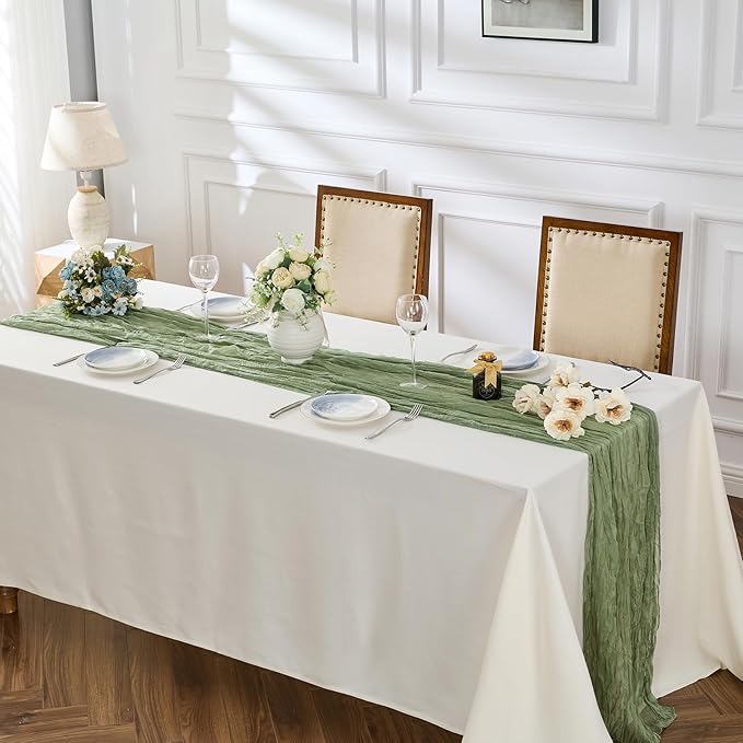 BALCONY & FALCON 2 Pack Sage Green Cheesecloth Table Runner 10FT 120 Inch - Image 2