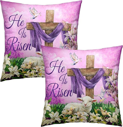 He is Risen Cross Christian Throw Pillow Covers 24''x24'' Set of 2 Easter - Image 2