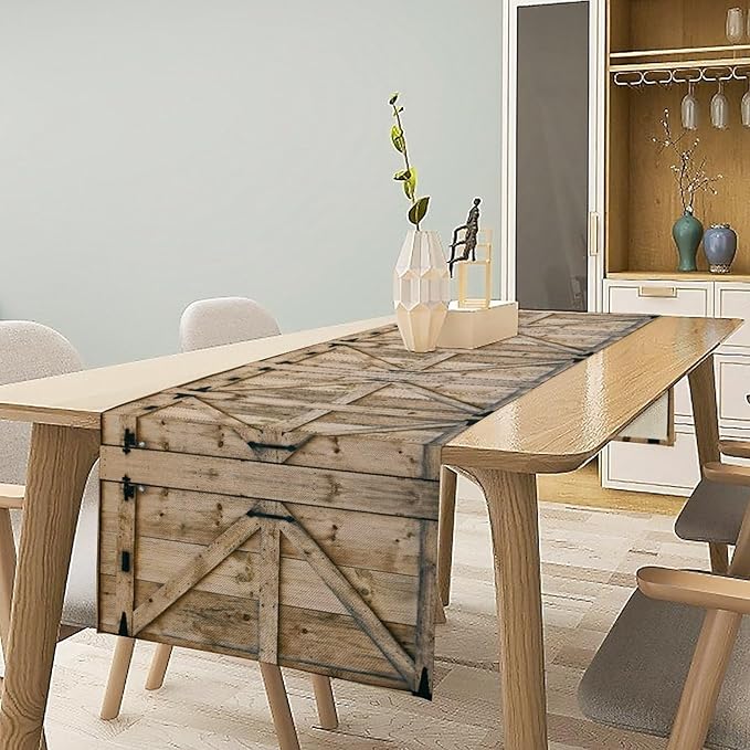 Western Vintage Wood Table Runner Country Barn Door Farm Retro Kitchen Dinner - Image 3