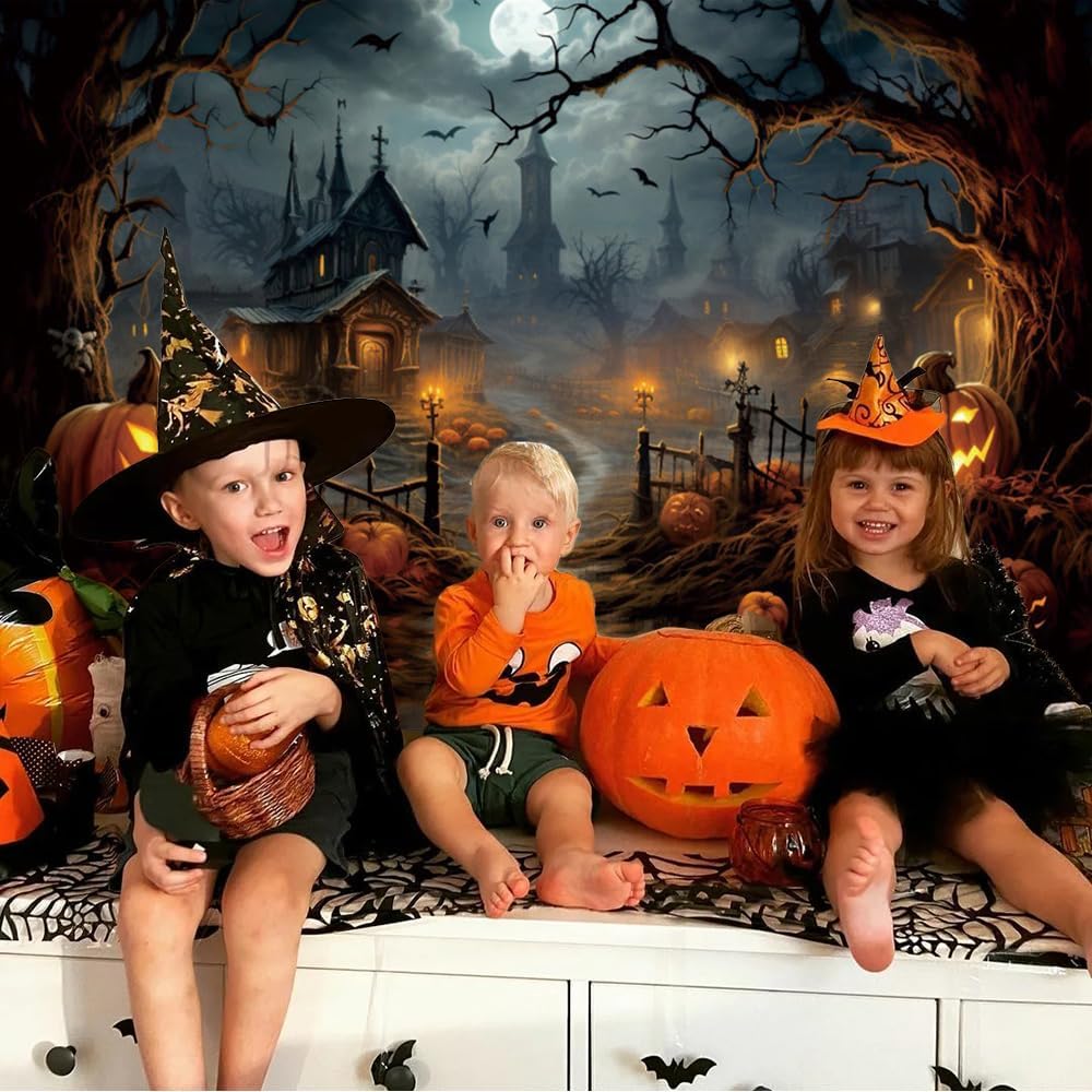 10x8ft Vinyl Horror Halloween Night Backdrop Halloween Pumpkin Withered Tree ...