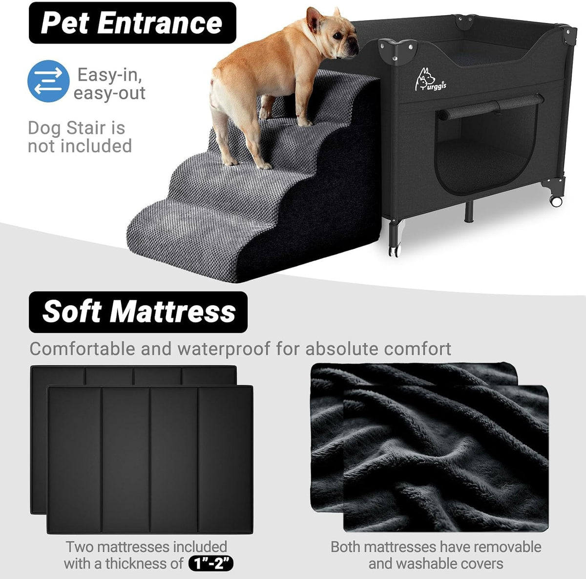 bedside dog lounge bed, fordable bunk beds attachment, side view