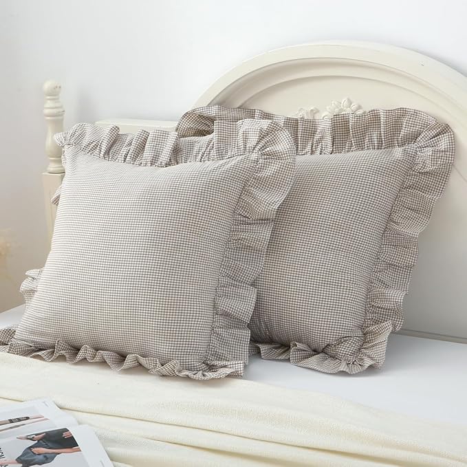 Brown/White Ruffle Plaid Throw Pillow Covers Farmhouse Checkered Gingham - Image 6
