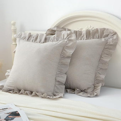 Brown/White Ruffle Plaid Throw Pillow Covers Farmhouse Checkered Gingham - Image 3