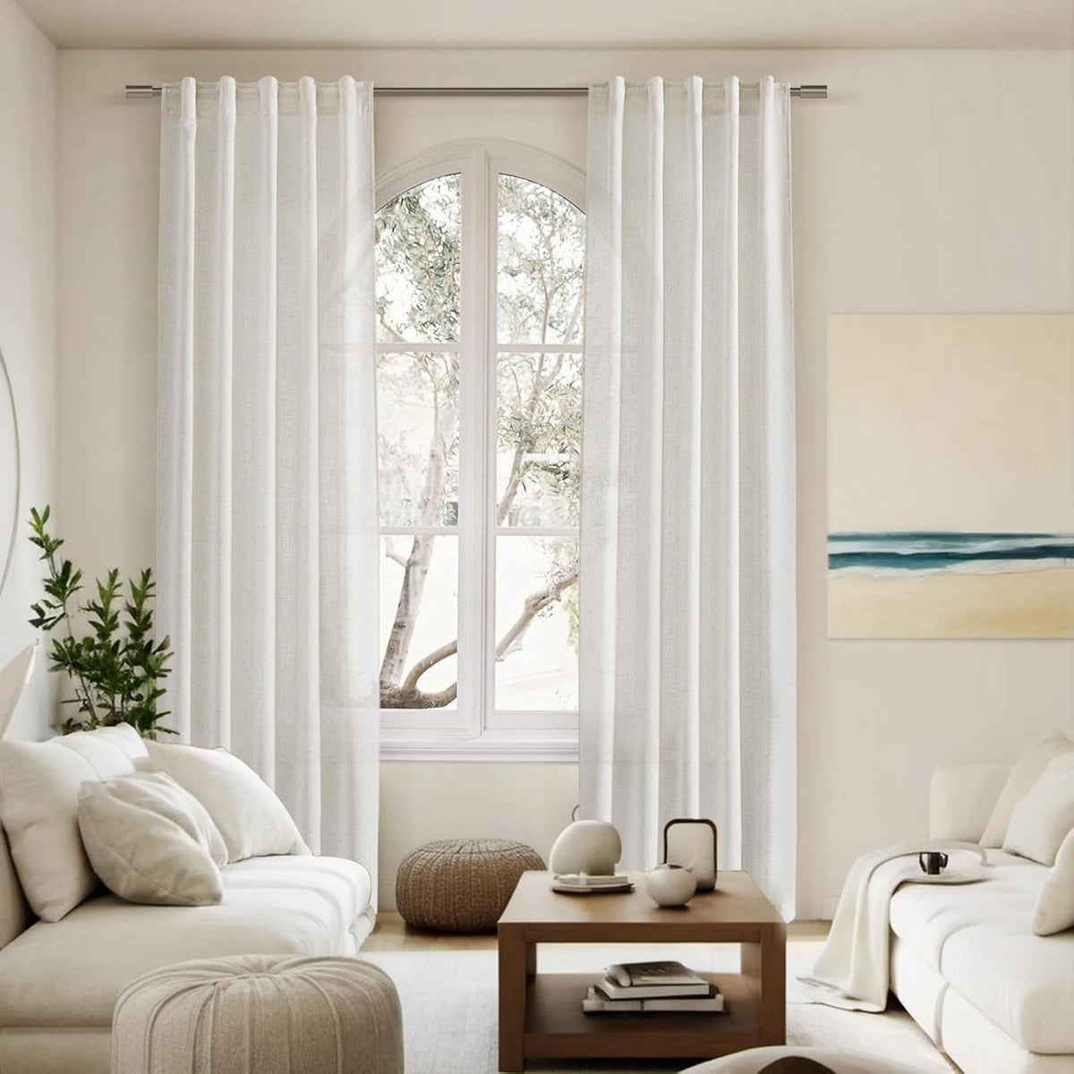 cream semi sheer curtains 96 inches long back on a desk or shelf