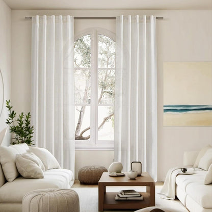 cream semi sheer curtains 96 inches long back on a desk or shelf