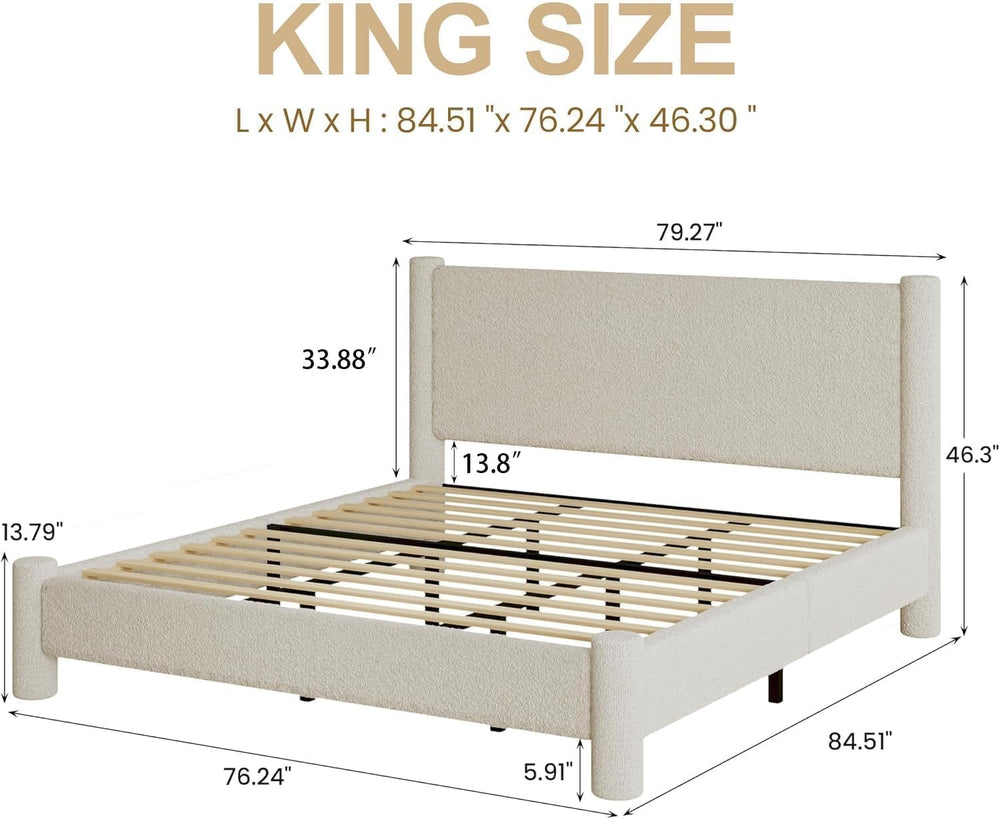 REVOMINCA King Size Cloud Bed Frame, Boucle Upholstered Platform Bed, Cream