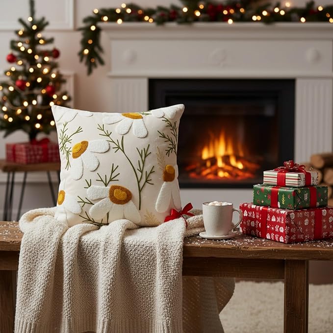 18x18 Embroidered Throw Pillow Cover – White Daisy Cotton Decorative Cushion - Image 8
