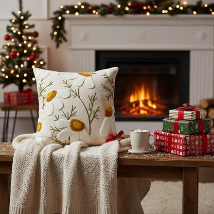 18x18 Embroidered Throw Pillow Cover – White Daisy Cotton Decorative Cushion - Image 8