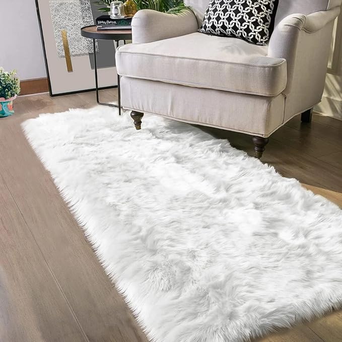 Latepis White Shag Rug 2x5 Runner Faux Sheepskin Fur Rug by Latepis